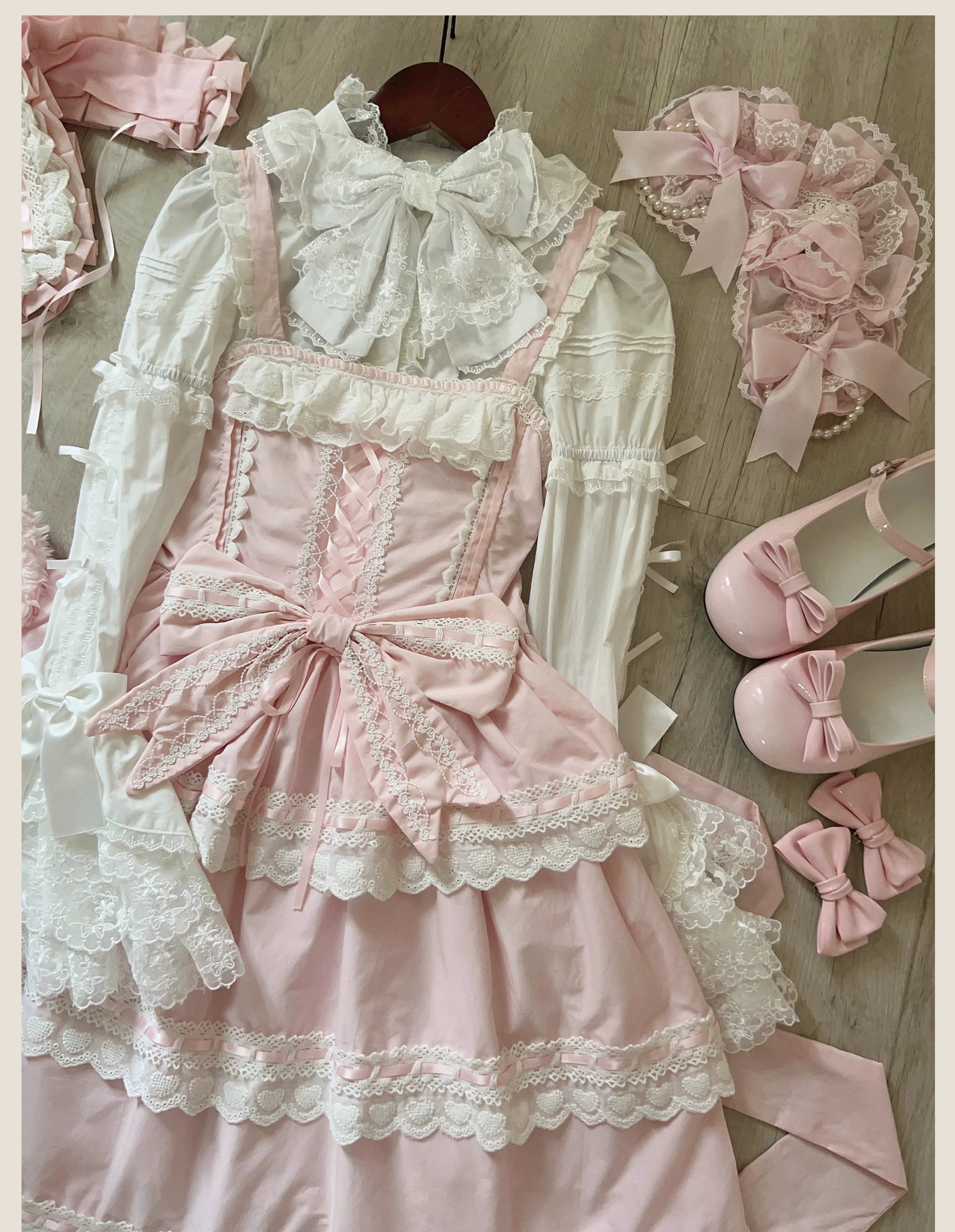 Otome Heart - Cotton Old School Lolita JSK Dress Suit, Heart-Shaped Lace Trim 43381:774562