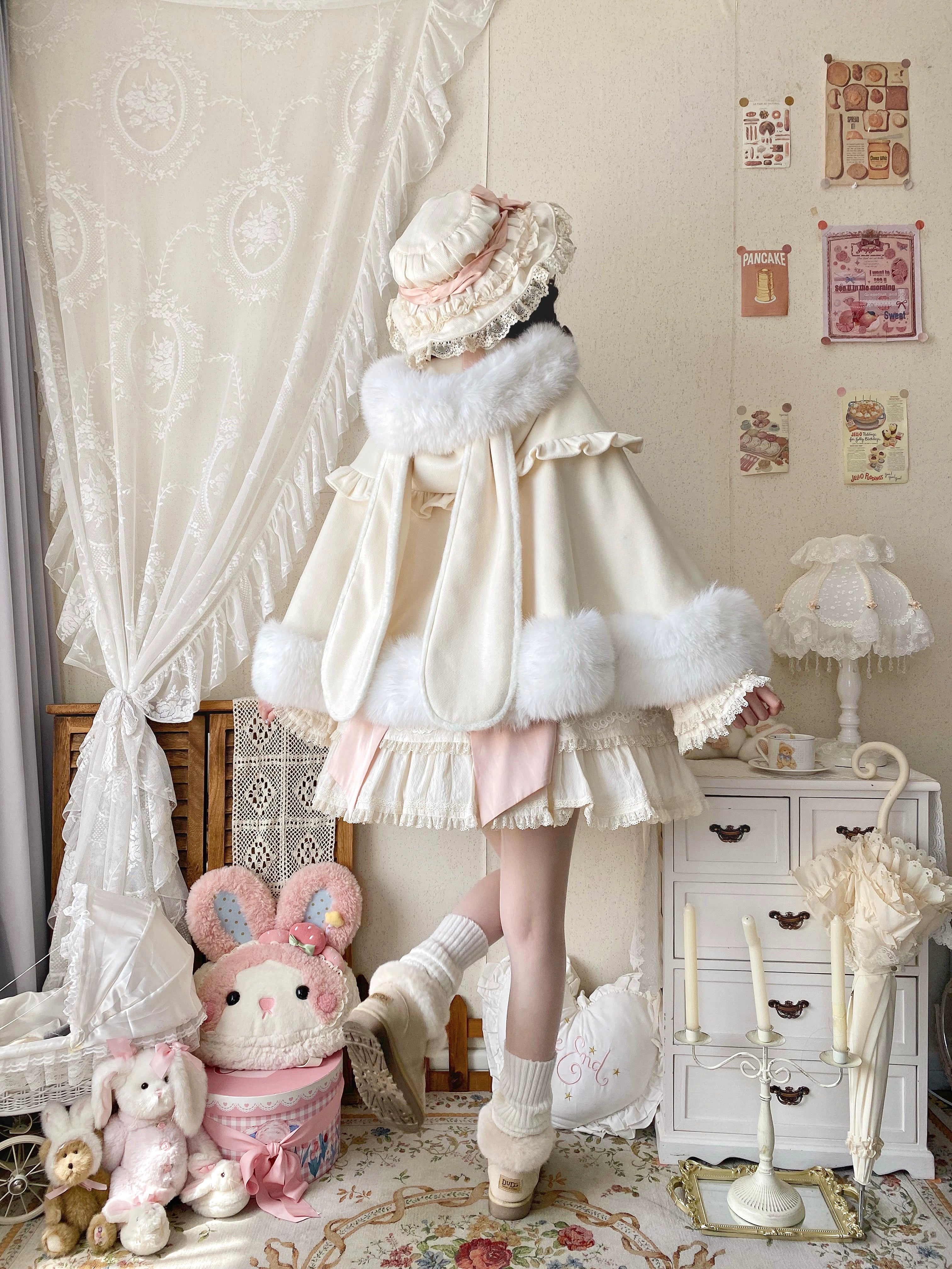 Qianmu - Lop Bunny - Kawaii Lolita Plush Hooded Cape 43850:787092