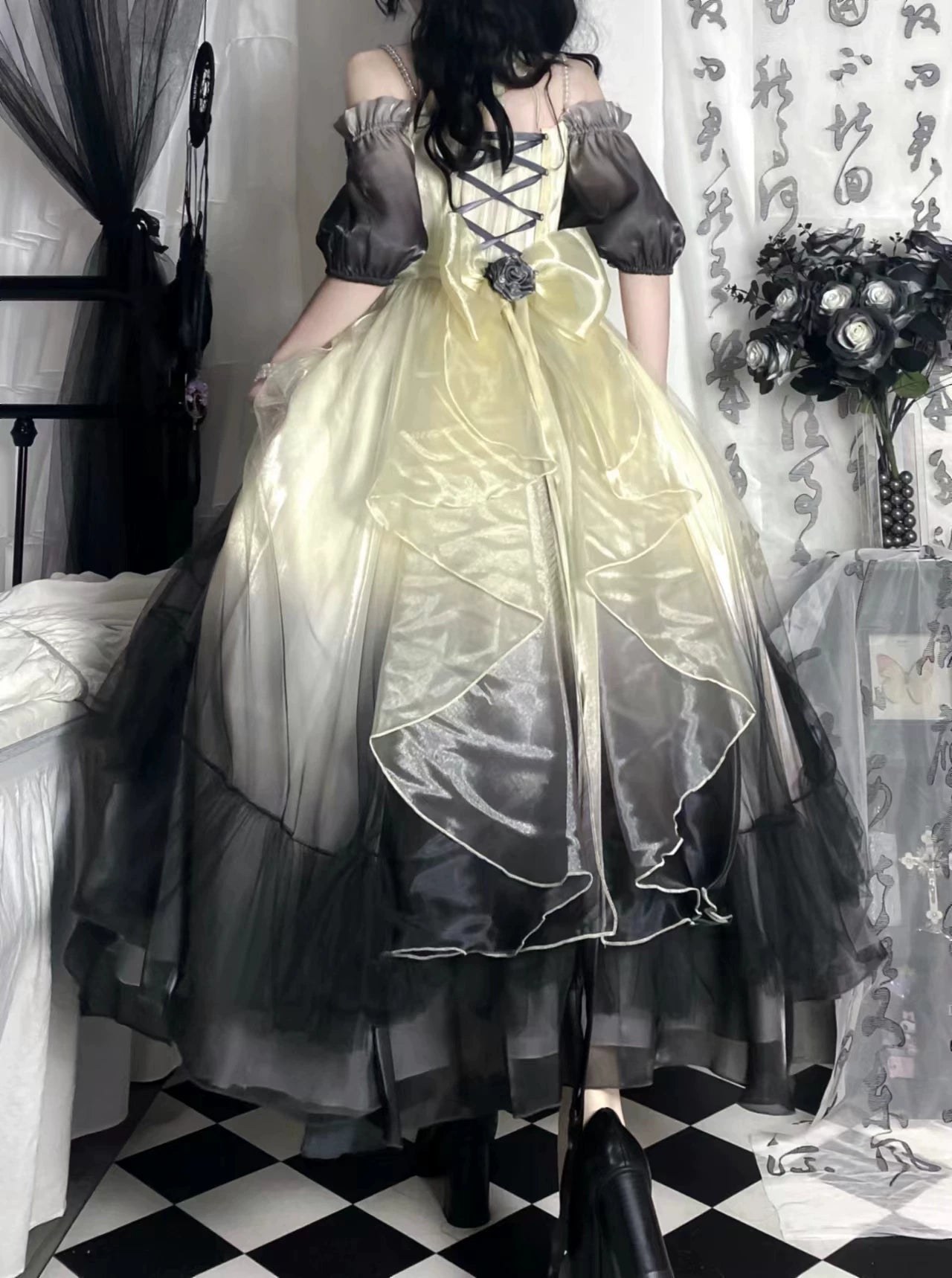 Fairy Lolita Accessories, Bow Trailing & Halter Strap Ink Wash Gradient - Bow Trailing Only One Size