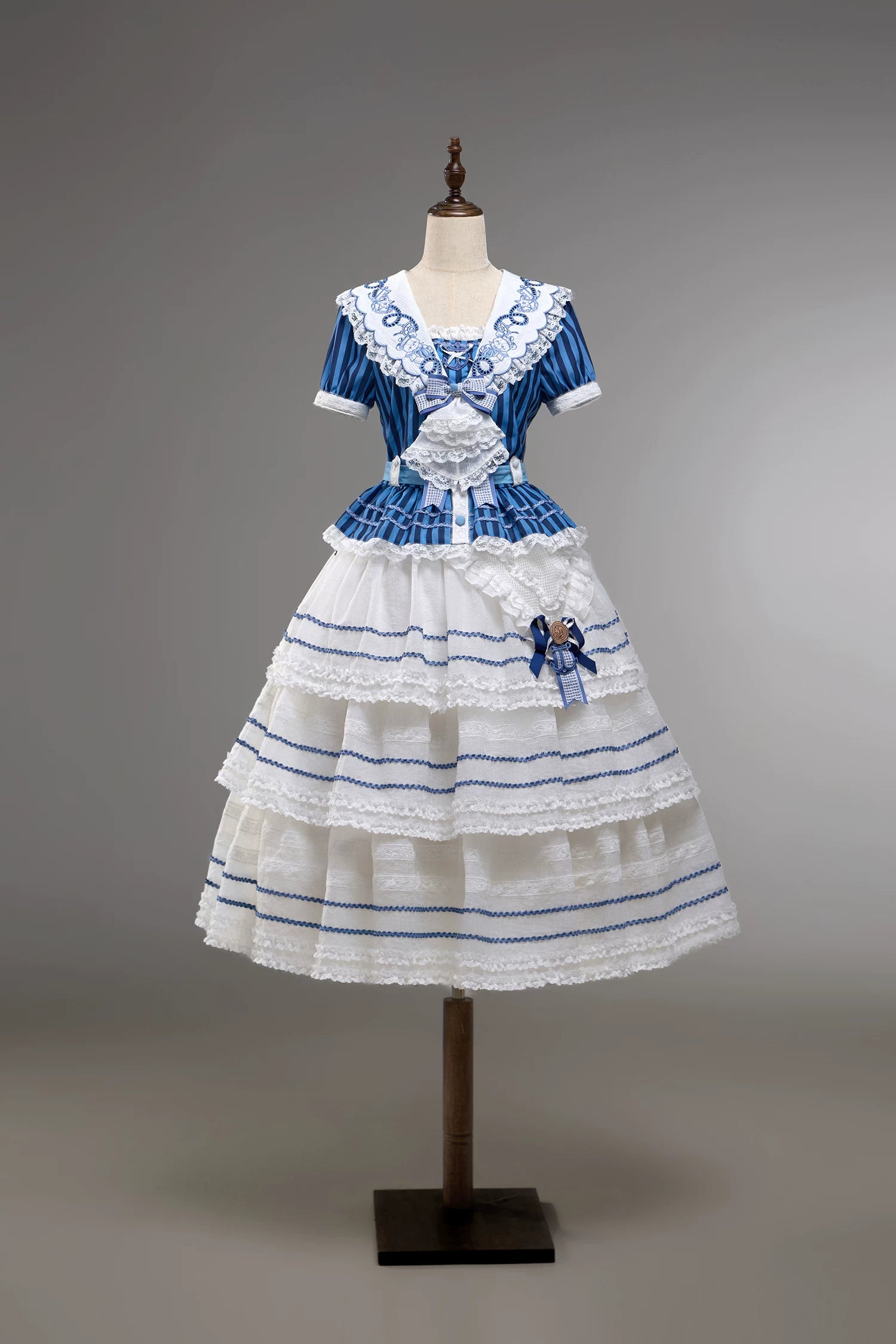 Antique Naval Bear - Striped Classic Lolita Sailor Collar OP, Bear Embroidery (L M S XL XS) 45518:854017
