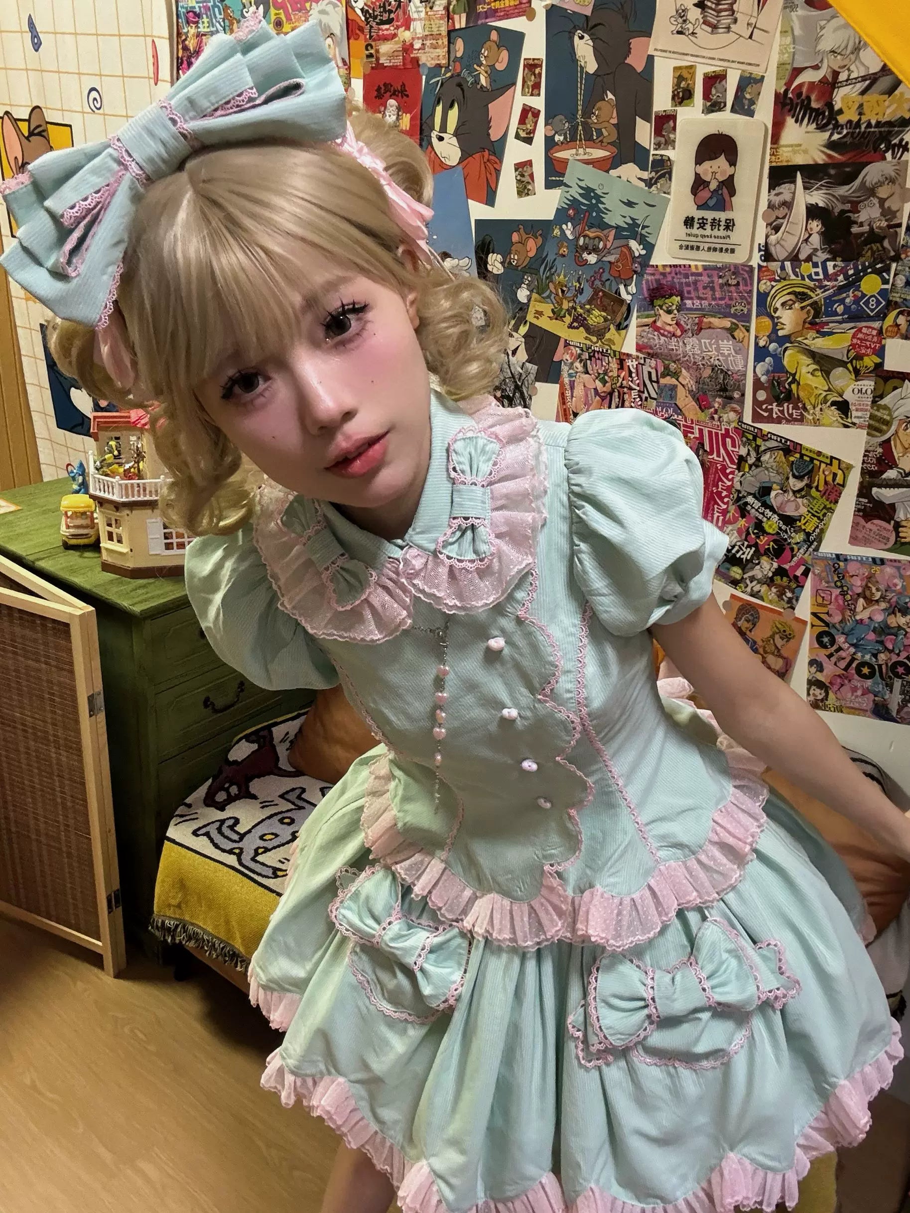 Summer Soda - Old School Lolita Mint Green SK Suit, Petal Hem & Bow