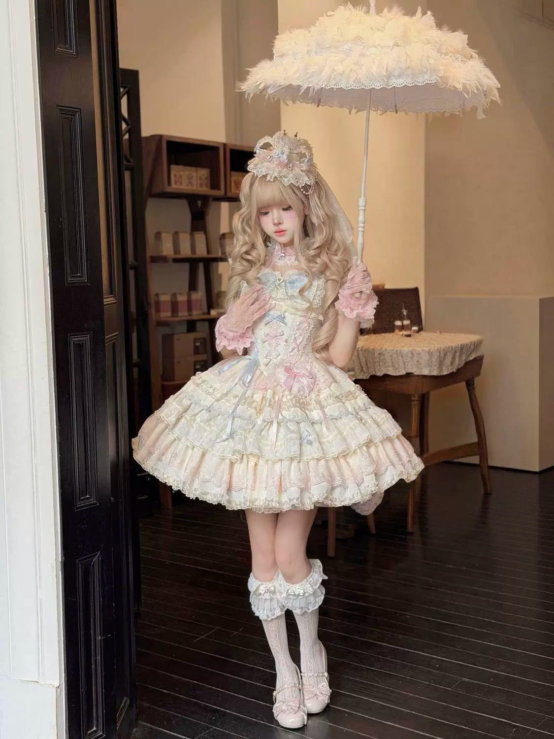Cloud Whale Dream - Sweet Lolita Corset JSK Dress, Tiered Hem & Bows