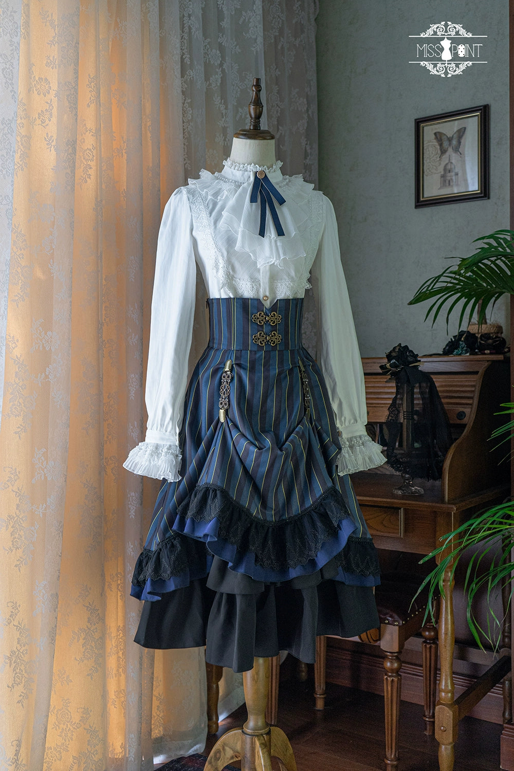 (Buyforme)Miss Point~Customized Lolita Elegant Striped High Waisted Fishbone SK 21544:312440