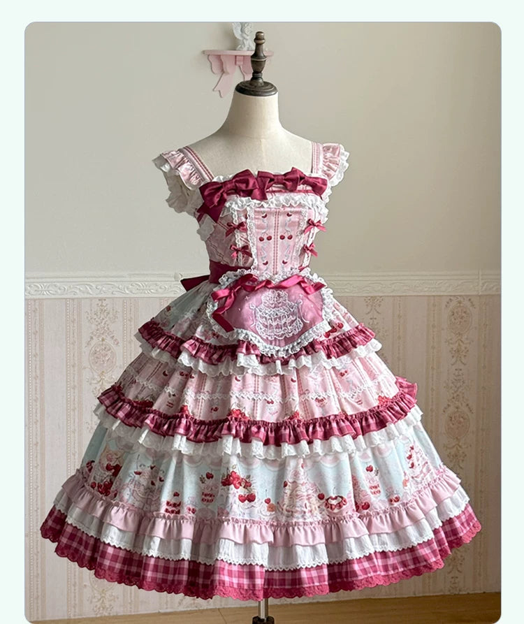 Cherry Cake - Printed Sweet Lolita JSK Dress, Embroidered Apron (L M S XL) 44904:827158