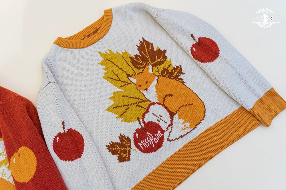 Miss Point - Fat Fox in the Forest - Kawaii Lolita Sweater Customized Winter Lolita Couple Outfit (L S / Beige) 37102:550978