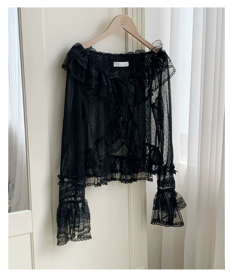 With PUJI - Flower Visage - Summer Lolita Sheer Cardigan with Rose Brooch Black - Cardigan Only S