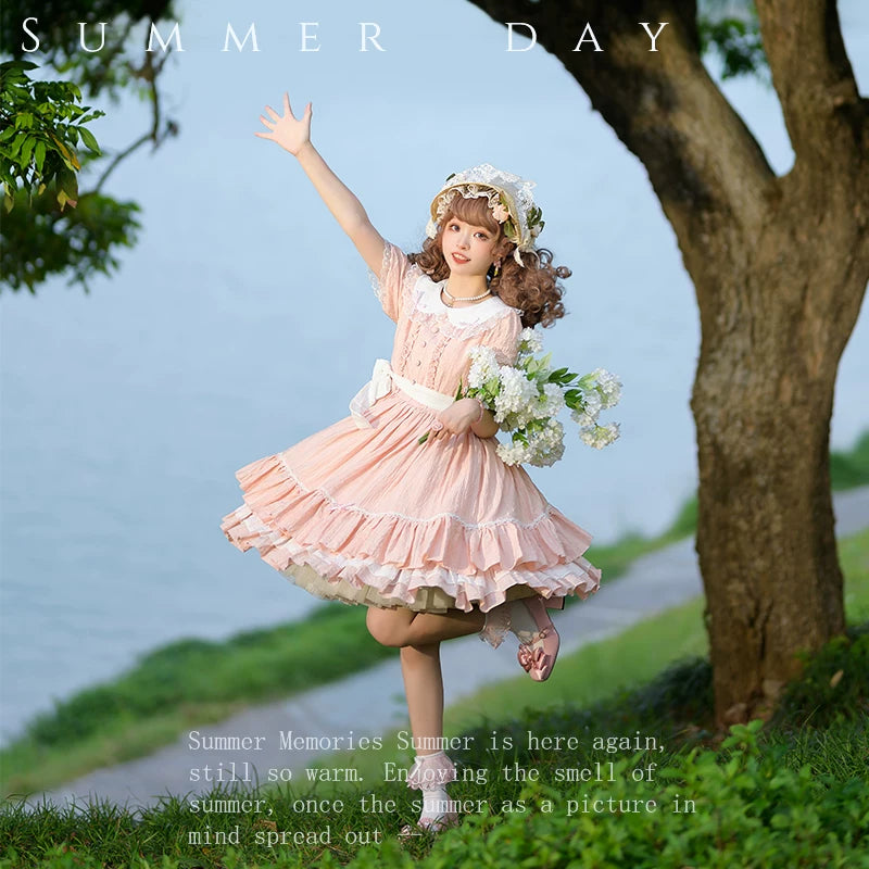 Afternoon Tea - Classic Lolita OP Dress, Lace Peter Pan Collar Pink XS