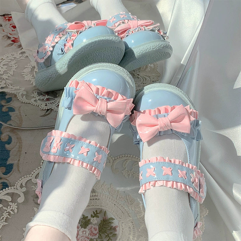 Fairy Godmother - Cute Lolita Shoes Bow Candy-Colored Lolita Flat Shoes 34 Blue pink