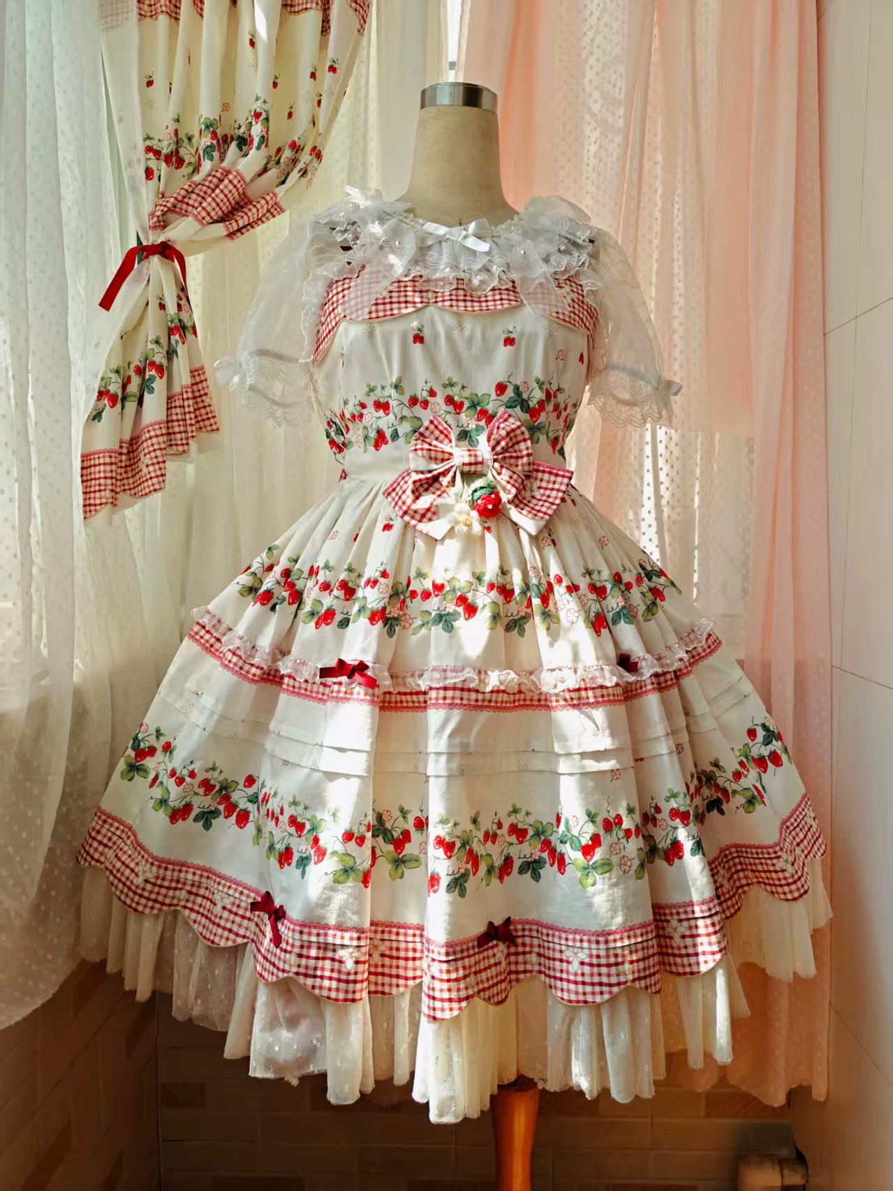 Cranberry and Lucky Clover - Cotton Sweet Lolita JSK Dress, Strawberry and Floral Print 45296:846307