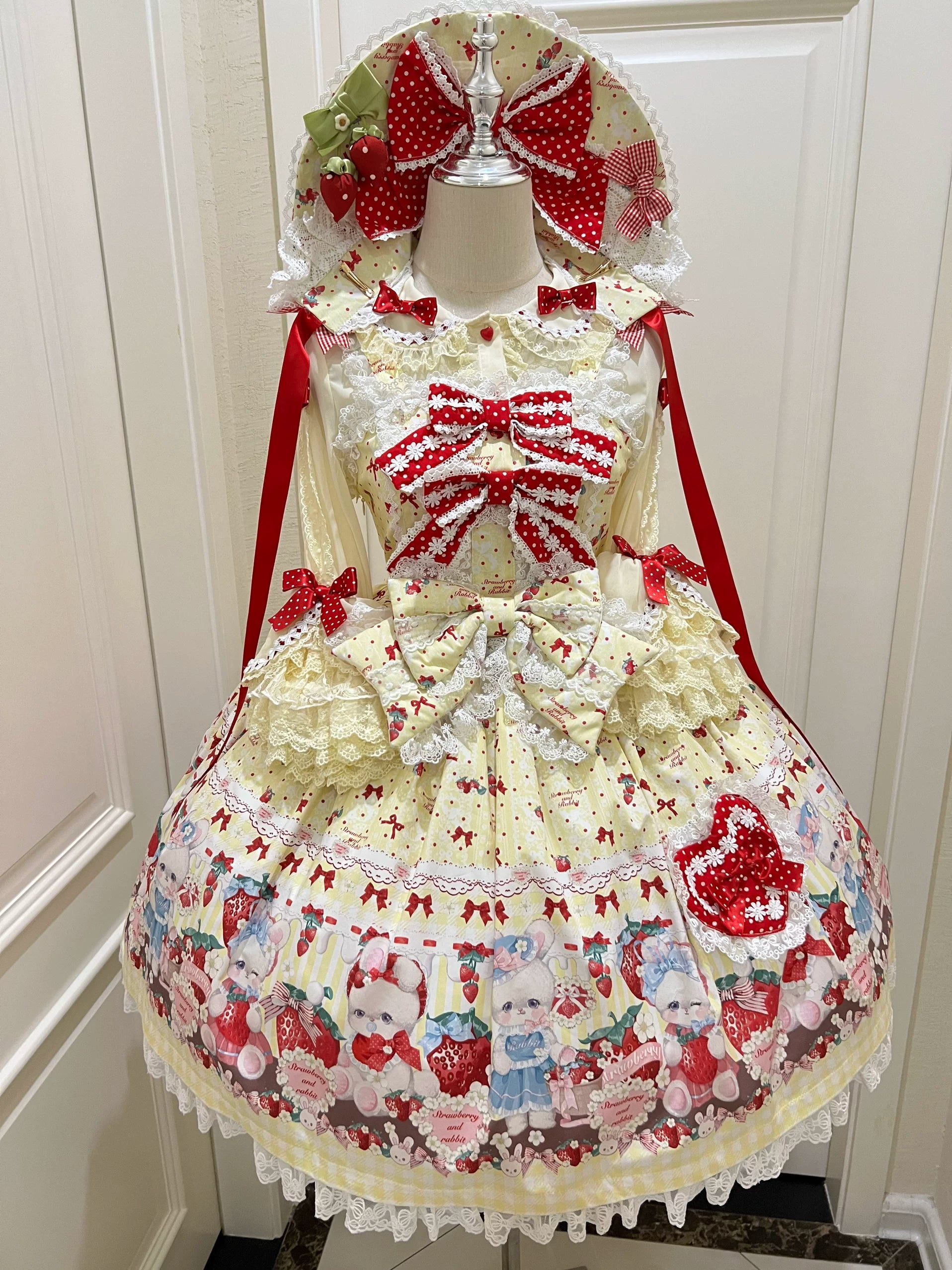Strawberry Plaid Bunny - Printed Sweet Lolita JSK Dress, Hime Sleeve Blouse Yellow One Size JSK Only
