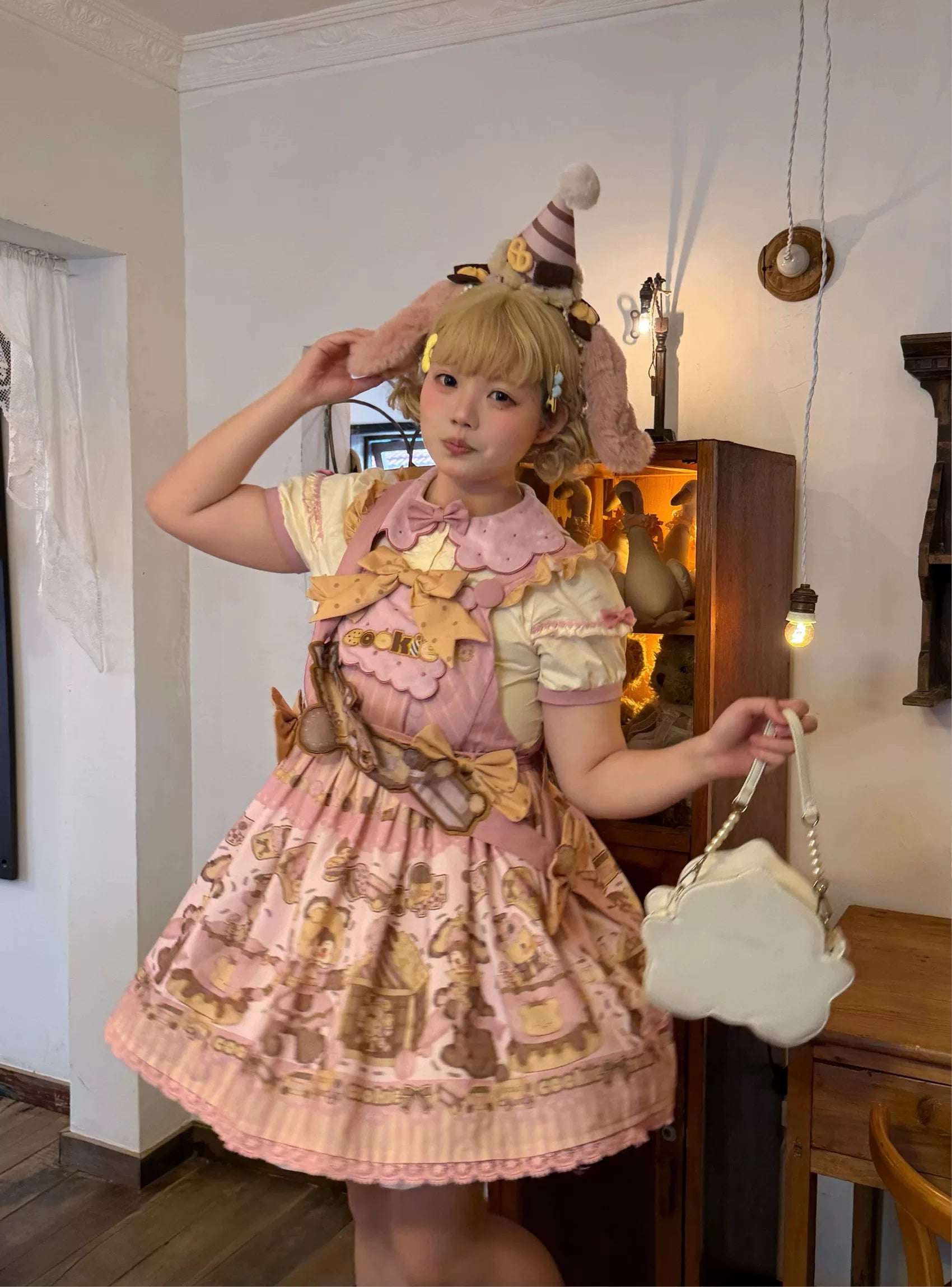 Bear Biscuit SP - Kawaii Lolita Bear Printed Dress Set with Bows Pink S Salopette + Apron + KC + Two Brooches