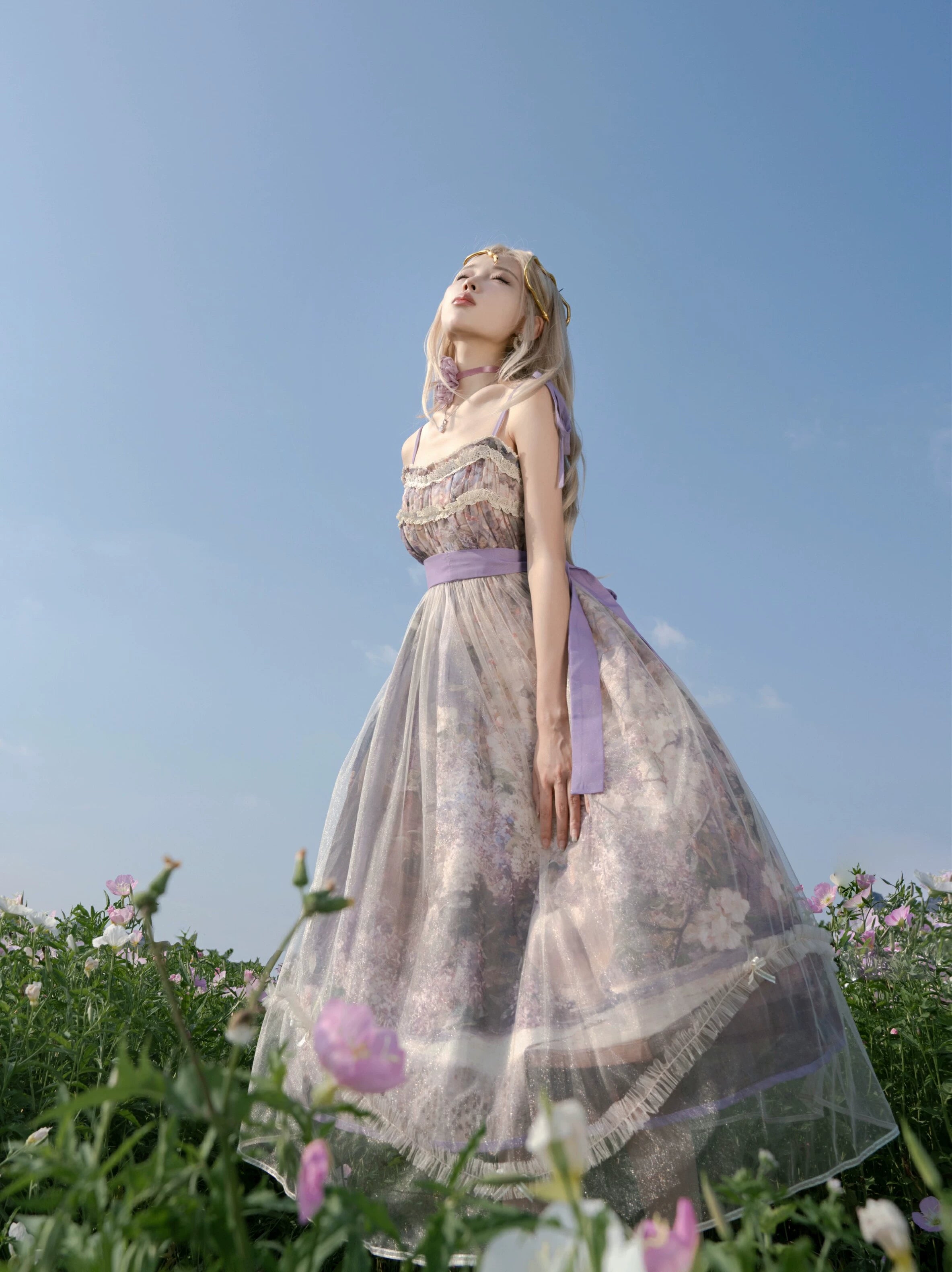 Cyan Lolita - Blooming Tree Shade - Sweet Lolita Strap JSK Bow Oil Painting Print Dress