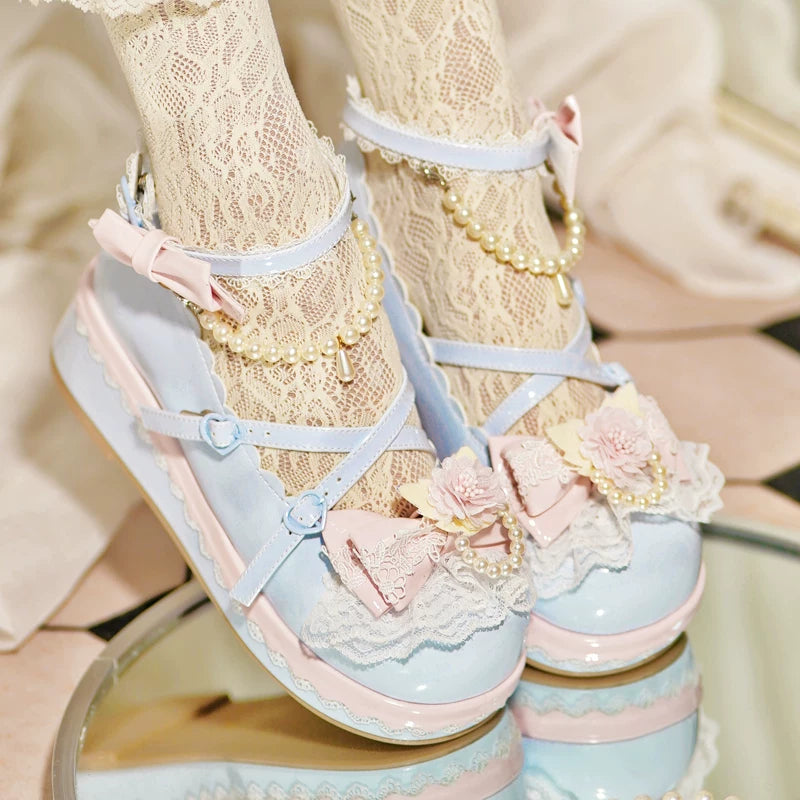 Pearl Floral Reverie - Sweet Lolita Shoes, Detachable Pearl Chain and Floral Accent (Blue / 34 35 36 37 38 39 40 41) 45531:852234