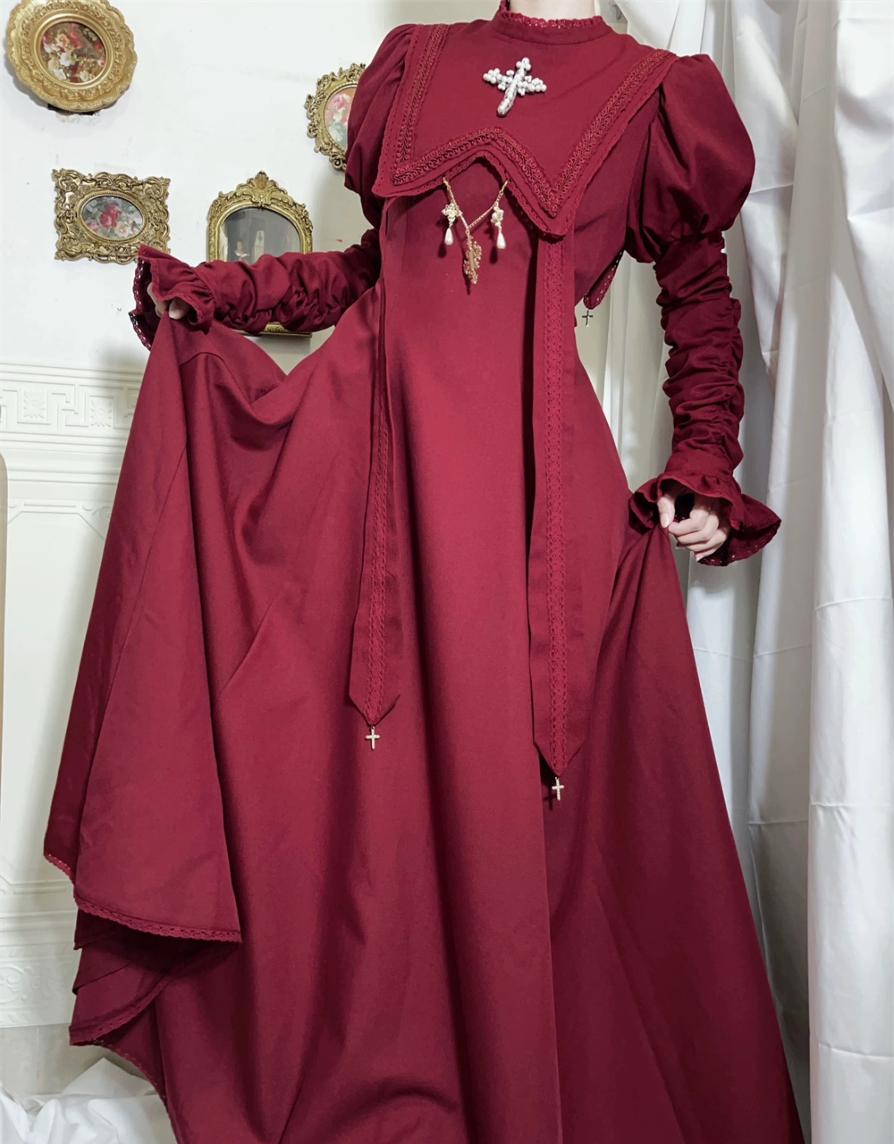 LeMiroir - Moonlit Prayer - Mutton Sleeve Nun Lolita OP Dress, Gathered Sleeve 43660:782589