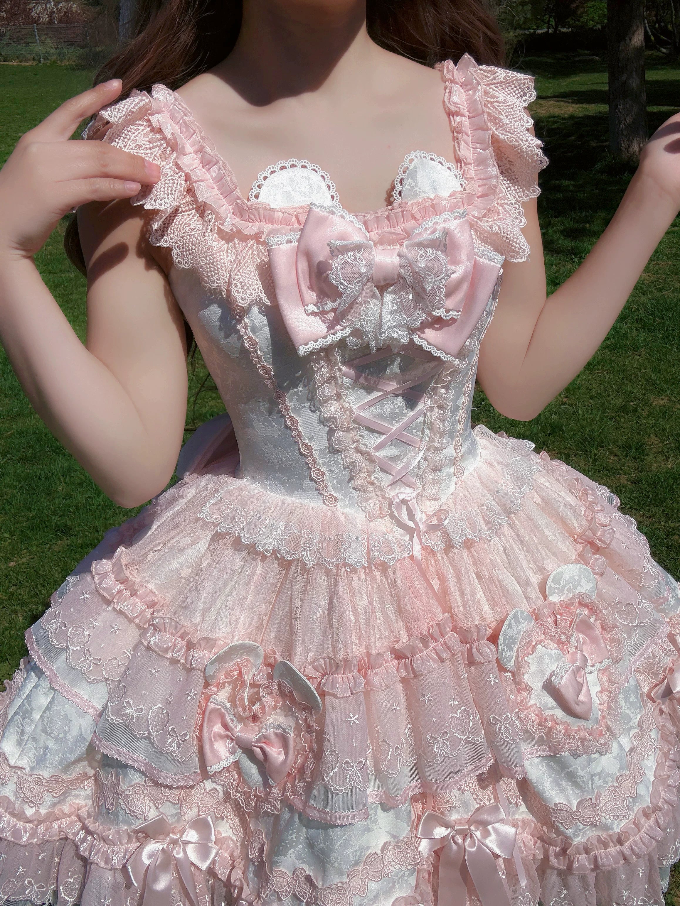 Heart Bear - Sweet Lolita Jacquard JSK Dress, Layered Lace