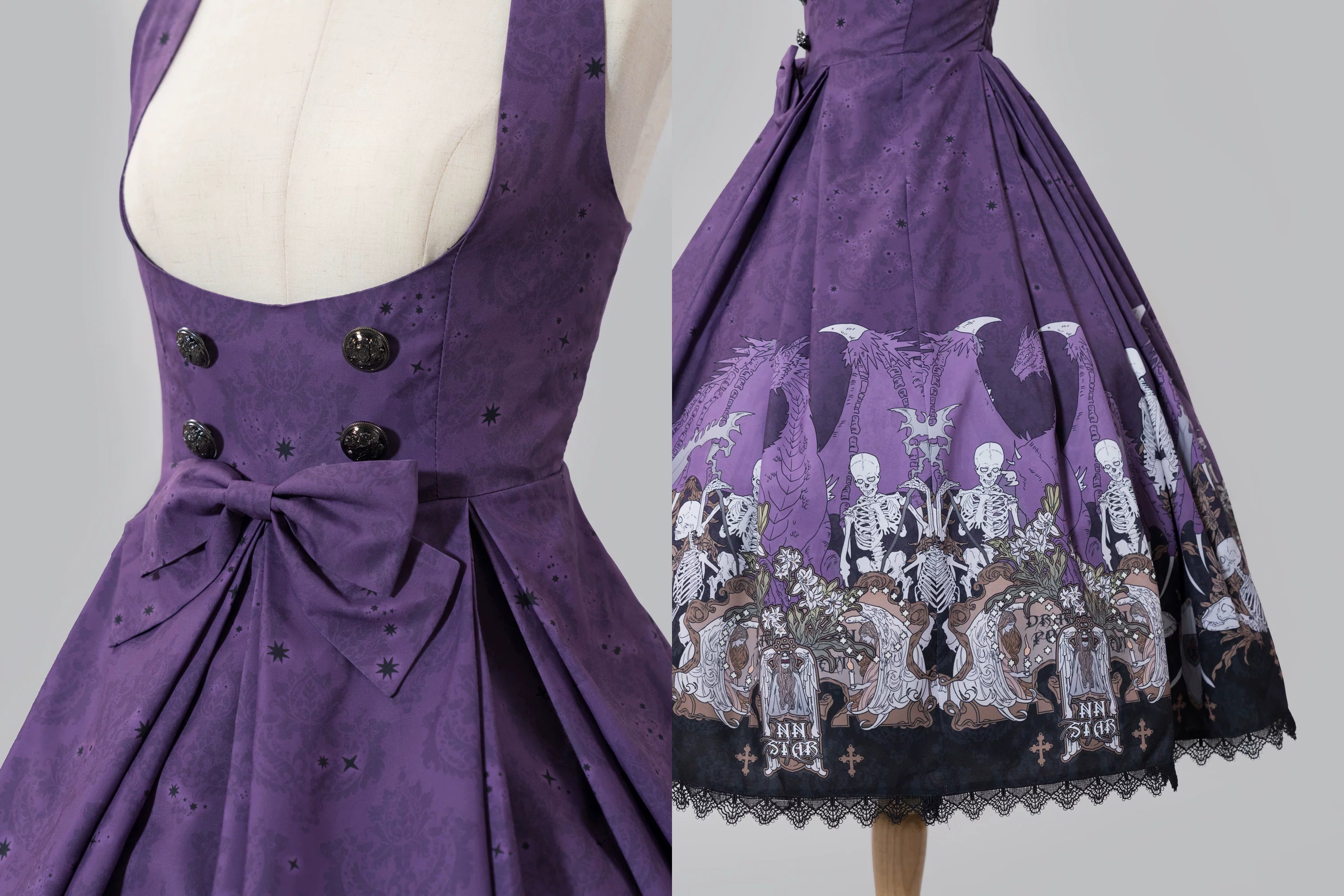 Dragon Bone Lily - Vintage Gothic Lolita Dragon & Skeleton Print JSK Dress