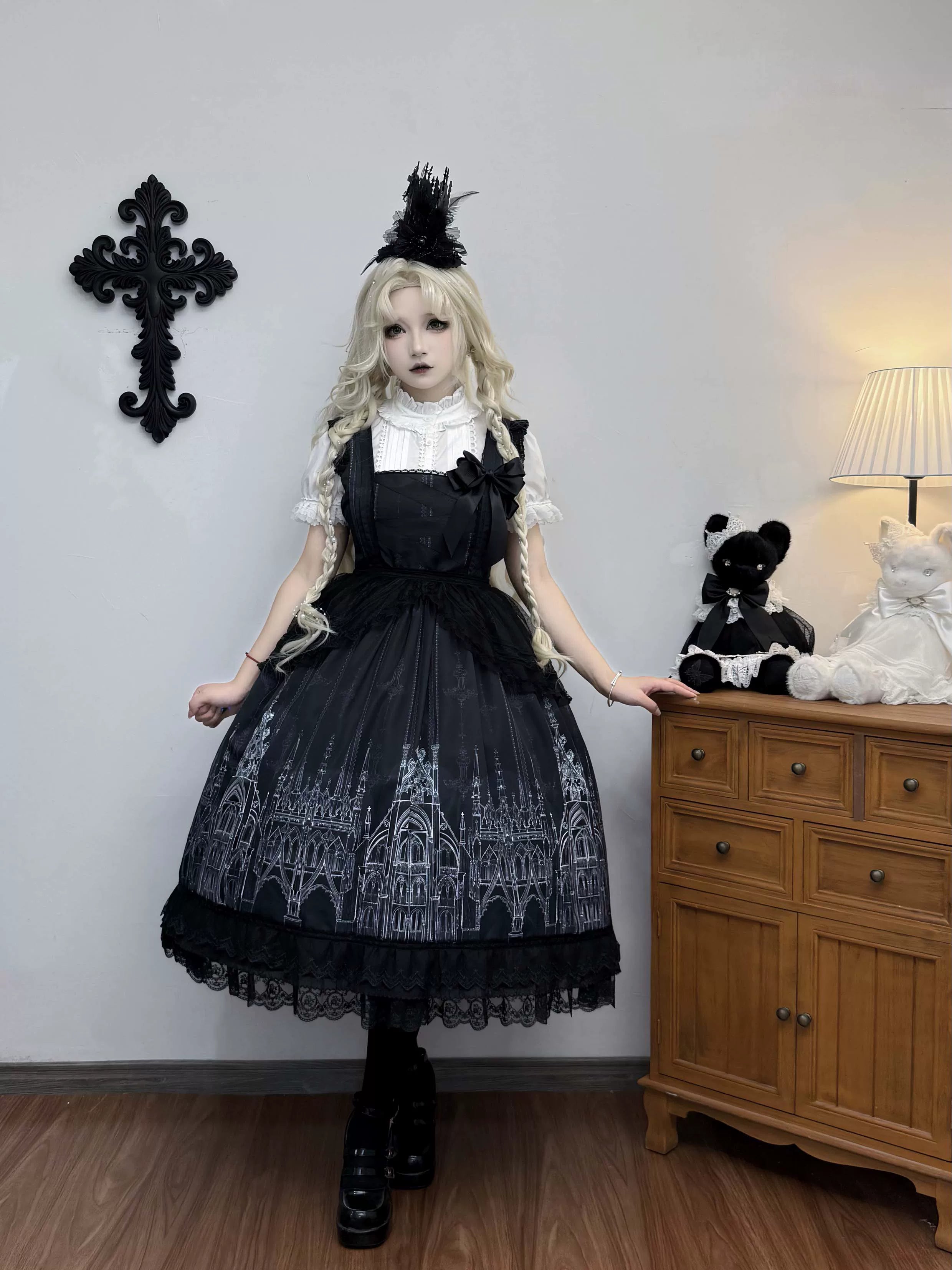 Silent Spire - Gothic Lolita Cathedral Print JSK & OP Dress Set, Side Pockets 45921:868121