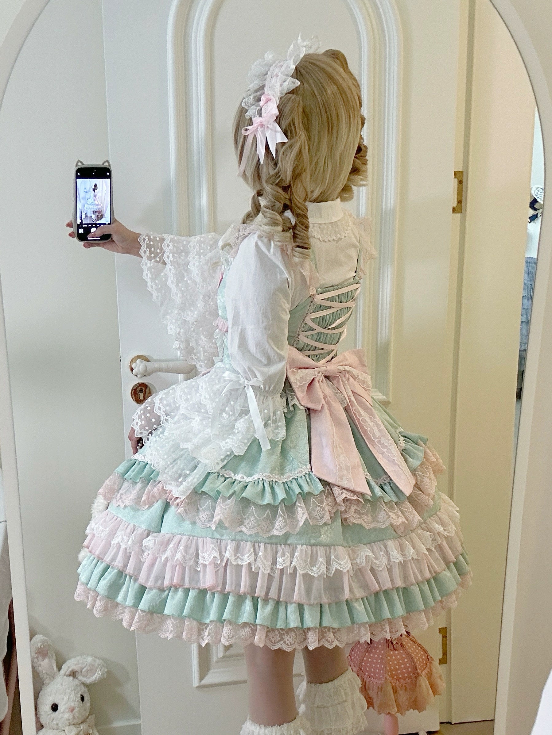 Sugar Girl - Flower Ode - Doll-like Sweet Lolita Jumper Dress Green JSK + Bow Trailing S