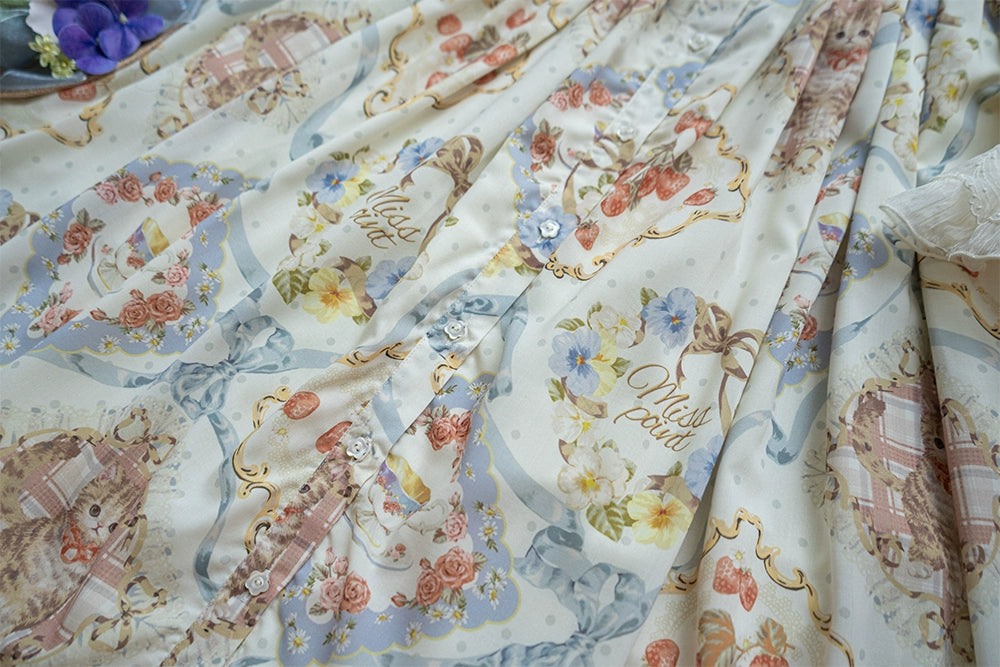 Miss Point - Cat Rose Tea - Sweet Lolita Skirt with Cute Prints Customized Size Beige S