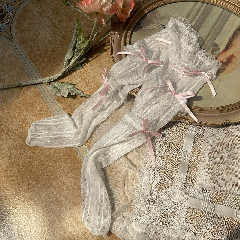 WAGUIR - Sweet Lolita Mid-Calf Socks 3-Layer Lace Mesh Fairy Thin Socks One Size White socks with pink bow