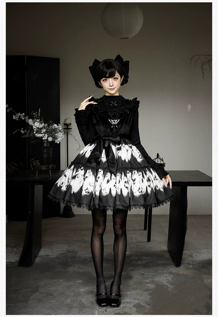 With PUJI - Dead Leaf Butterfly - Gothic Lolita JSK & OP Dress Set, Butterfly Print 44346:805385