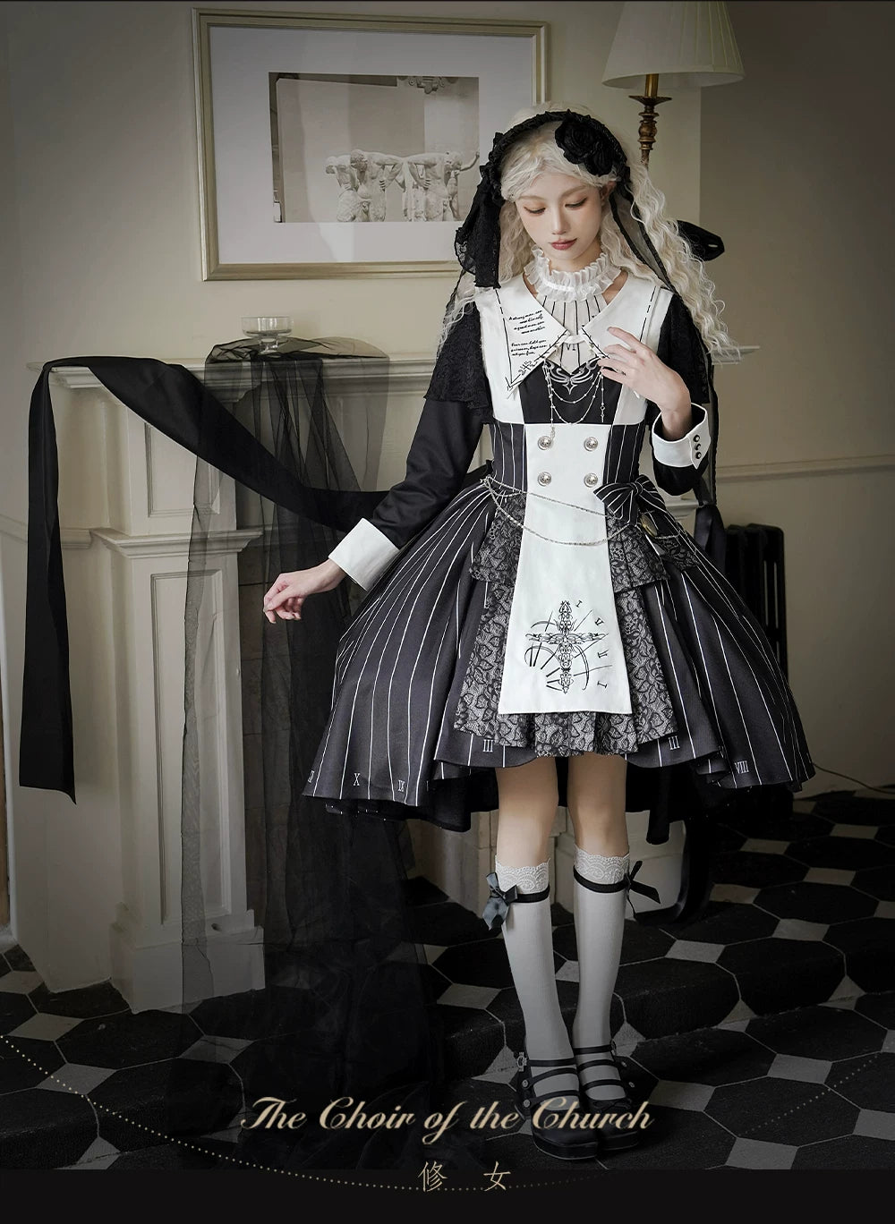The Choir of the Church - Striped Gothic Lolita Dress Set, High-low Hem