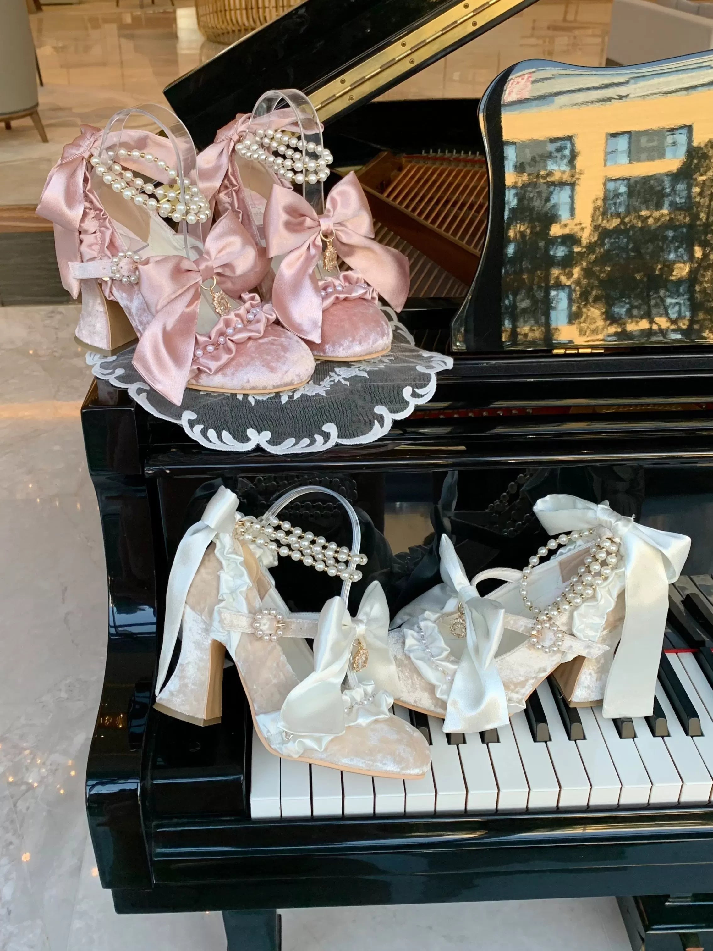 Ribbon Anthem - Gorgeous Classic Lolita Heels, Detachable Bow & Pearl 44639:815885