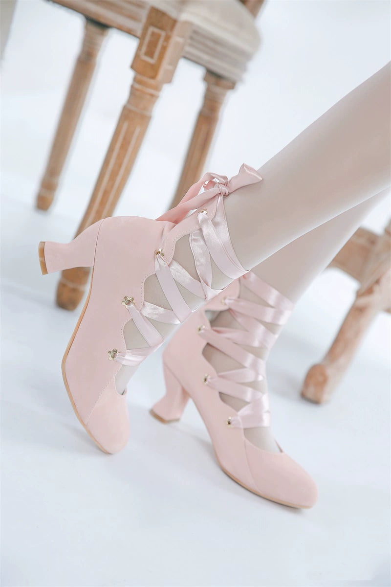 MR.Qiutian - Forbidden Dance - Elegant Lolita Velvet Shoes, Adjustable Lace-Up Straps