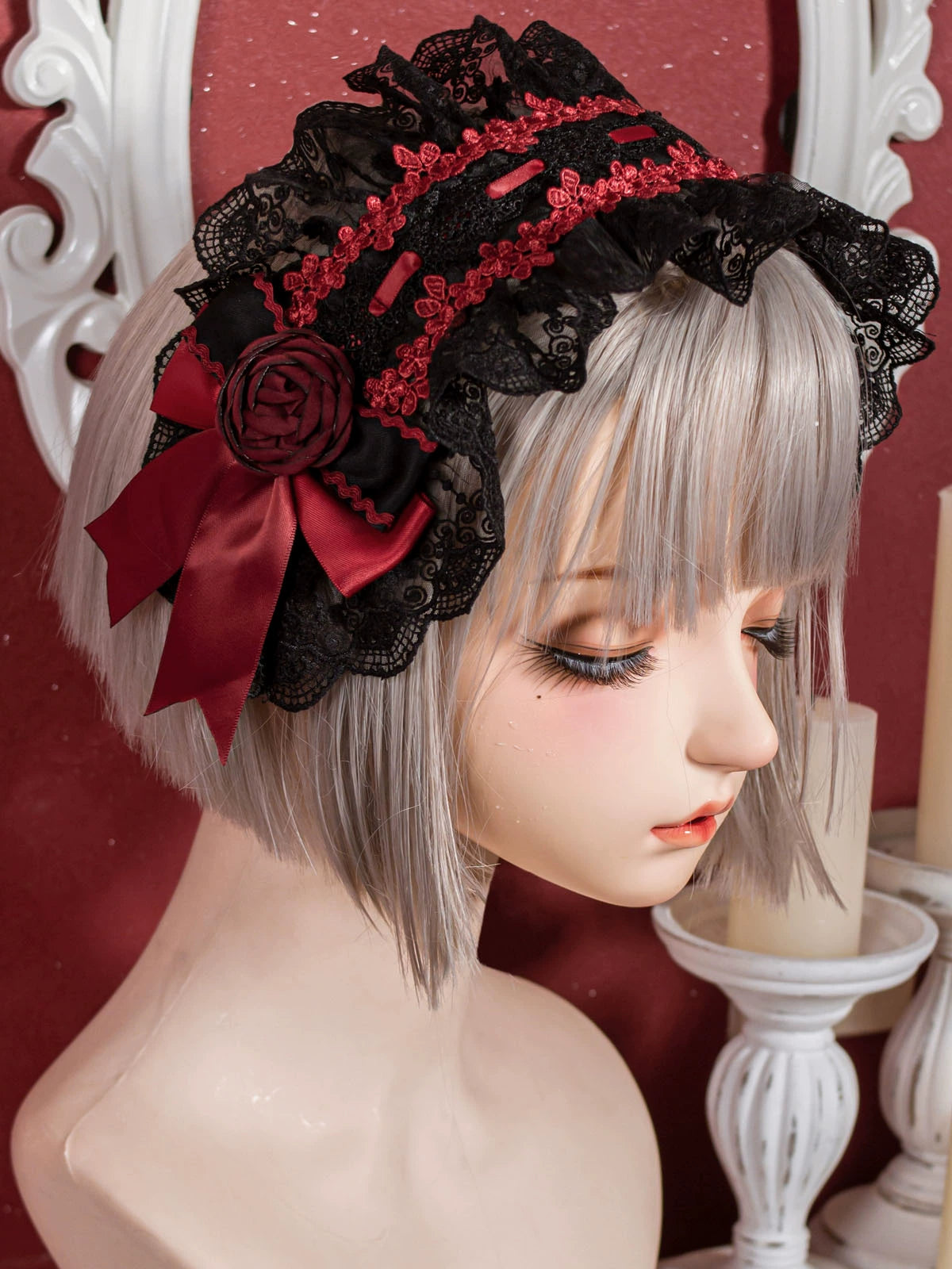 OCELOT - Gothic Lolita Headband Black Red Rose Lolita Hairband Black and red (headband only)