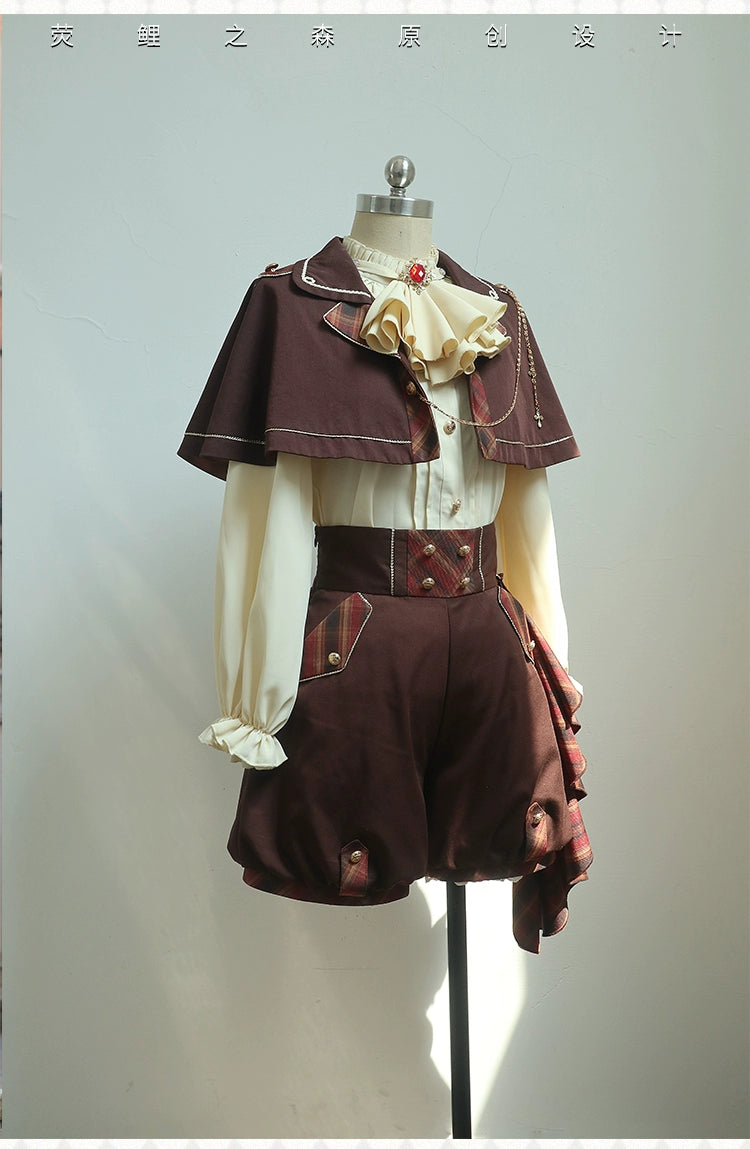 Forest Fluorescent Carps~Queen's Game~Military Lolita OP Plaid Ouji Lolita Dress Set 41624:706606