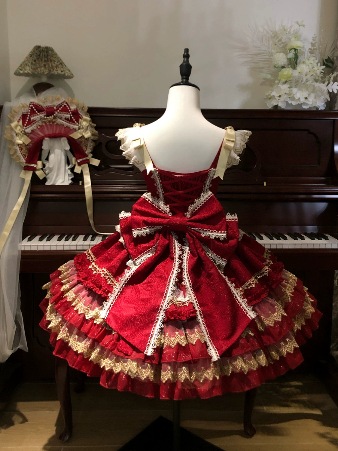 Hanguliang - Gilded Memories - Princess Lolita Jumper Dress, Tiered Ruffles Red Bow Trailing Only (one size / choose M) S