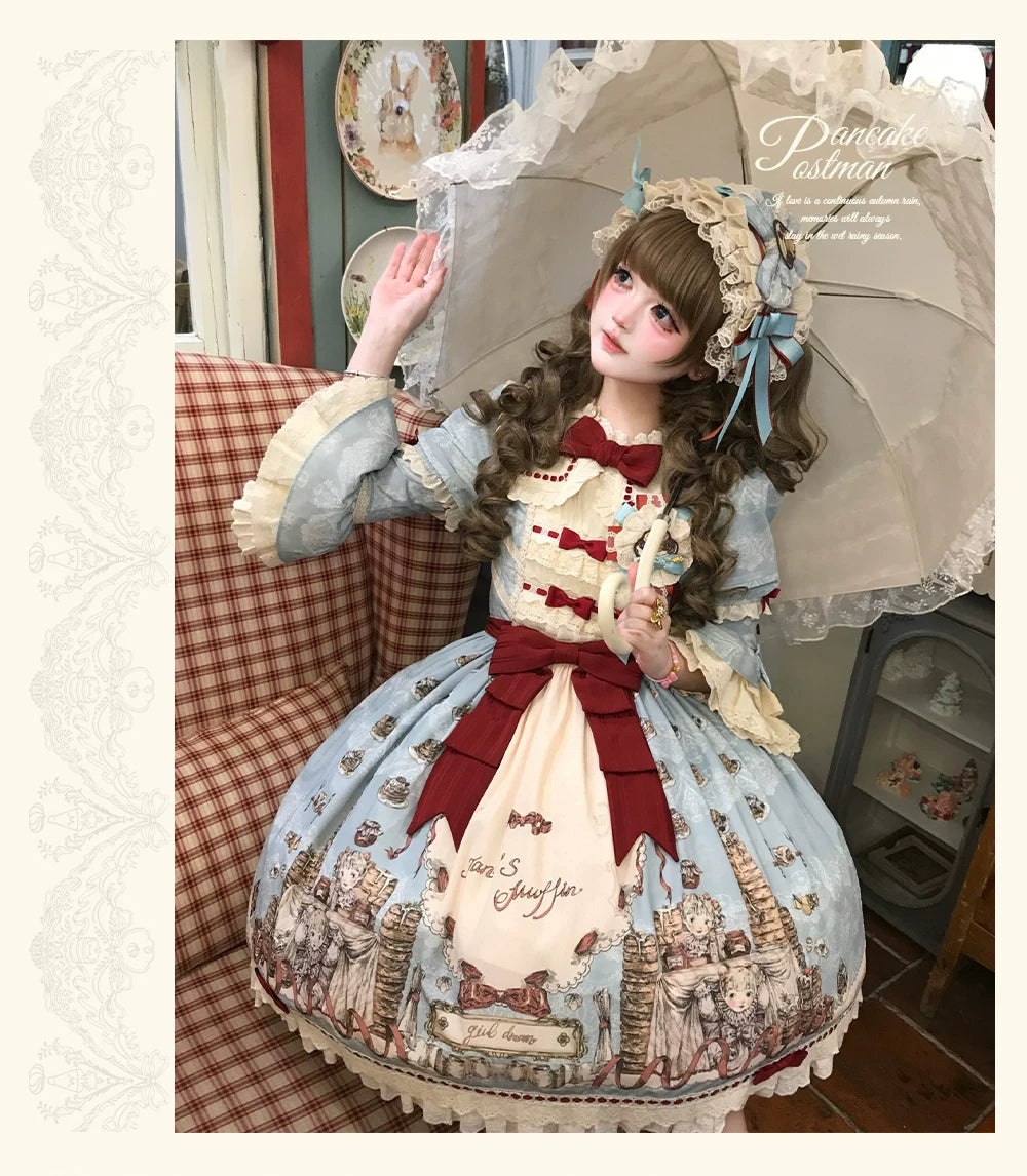Pancake Postman - Kawaii Lolita Printed OP & Salopette Dress, Lace & Bows