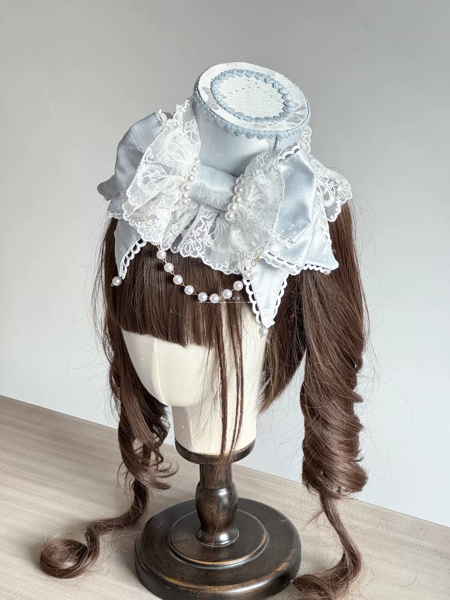 Sweet Lolita Bowknot Top Hat, Lace & Pearl Detail Blue - Top Hat