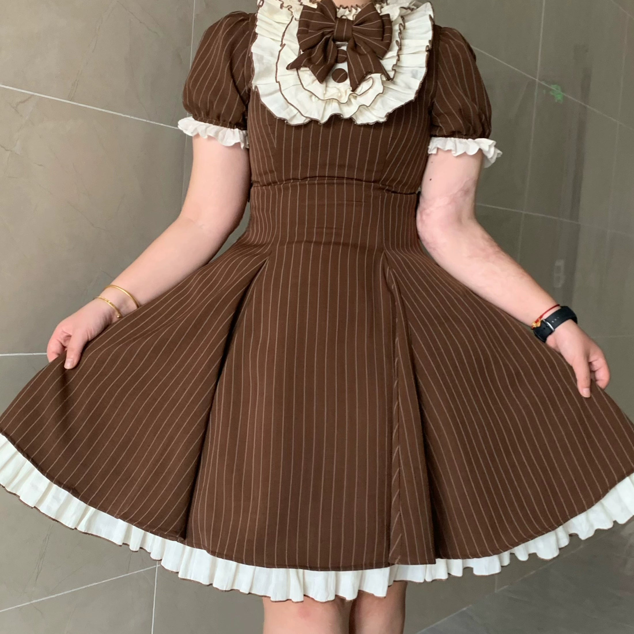 Chubby Cat Diary - Afternoon Tea - Striped Sweet Lolita OP, Petal-Ruffled Apron (2XL 3XL L M S XL) 44318:804531