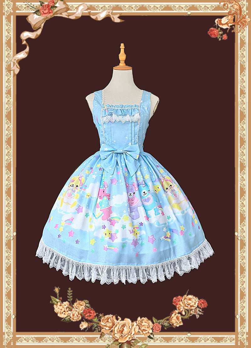 Sleepy Bear - Kawaii Lolita Bear and Star Printed Dress (L M S XL / Pre-order) 45663:857649