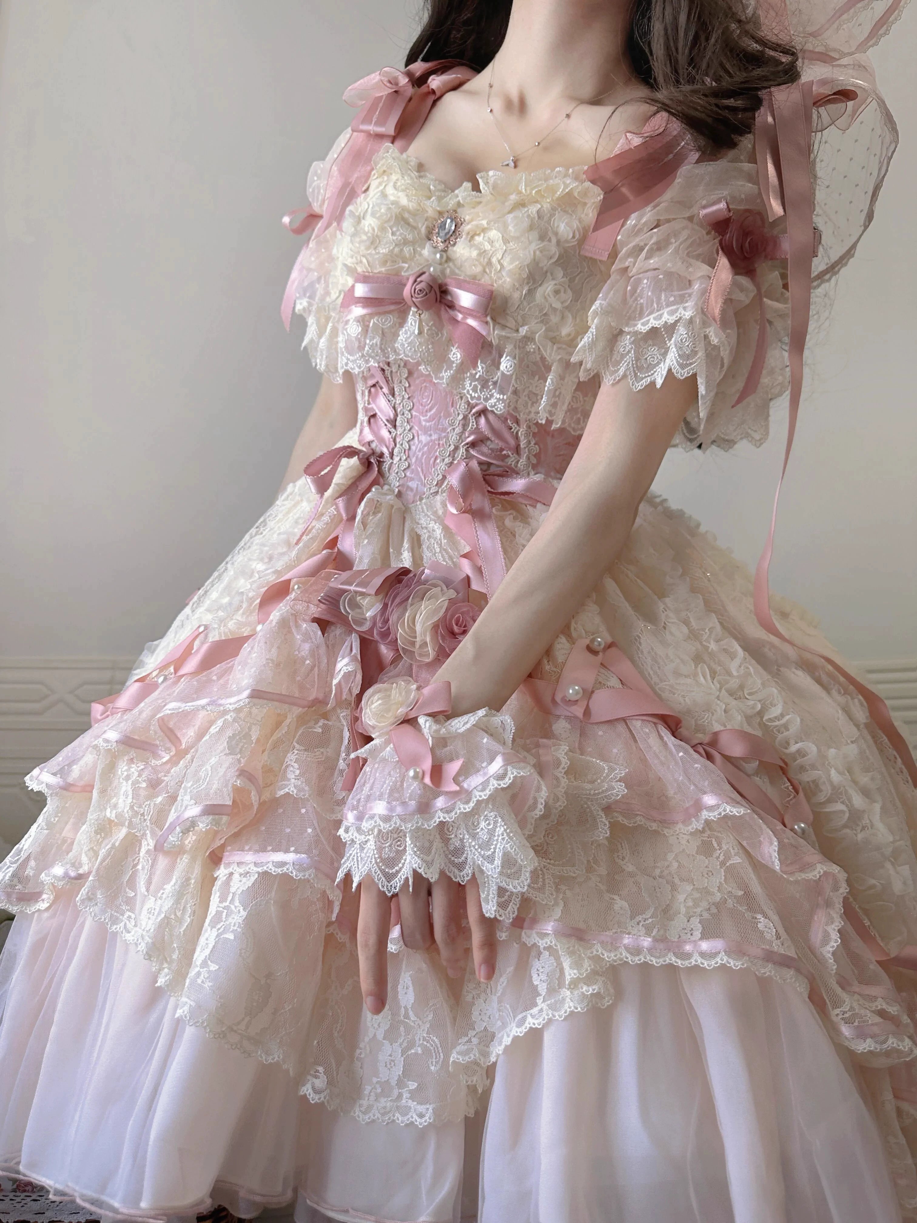 MieYe - Diana Rose - Bridal Lolita Dress Short Wedding OP with Accessories 41638:708714