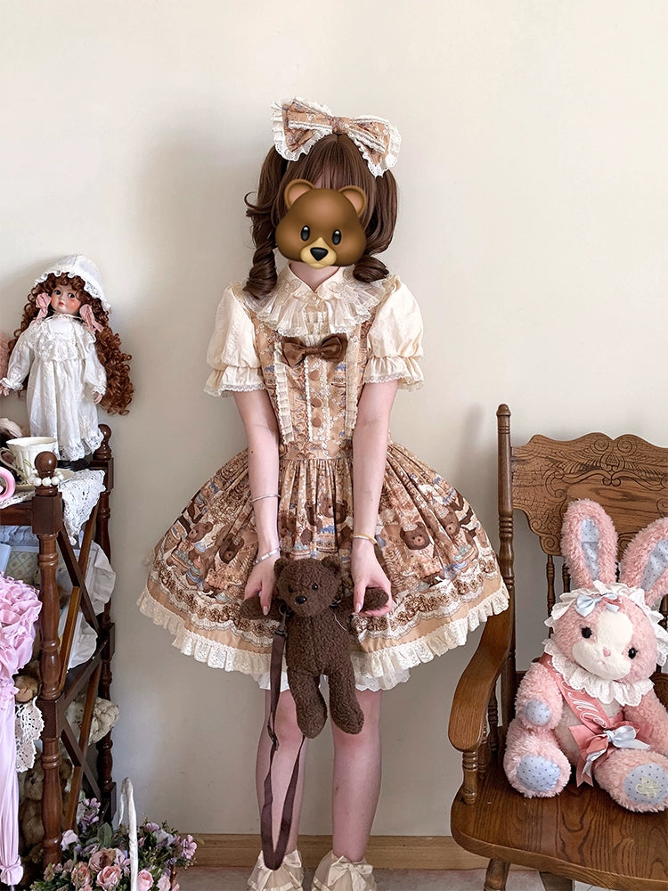 Wendy's Wardrobe - Macaron Bear - Cotton Kawaii Lolita Dress Suit, Bear & Dessert Print 43550:779113