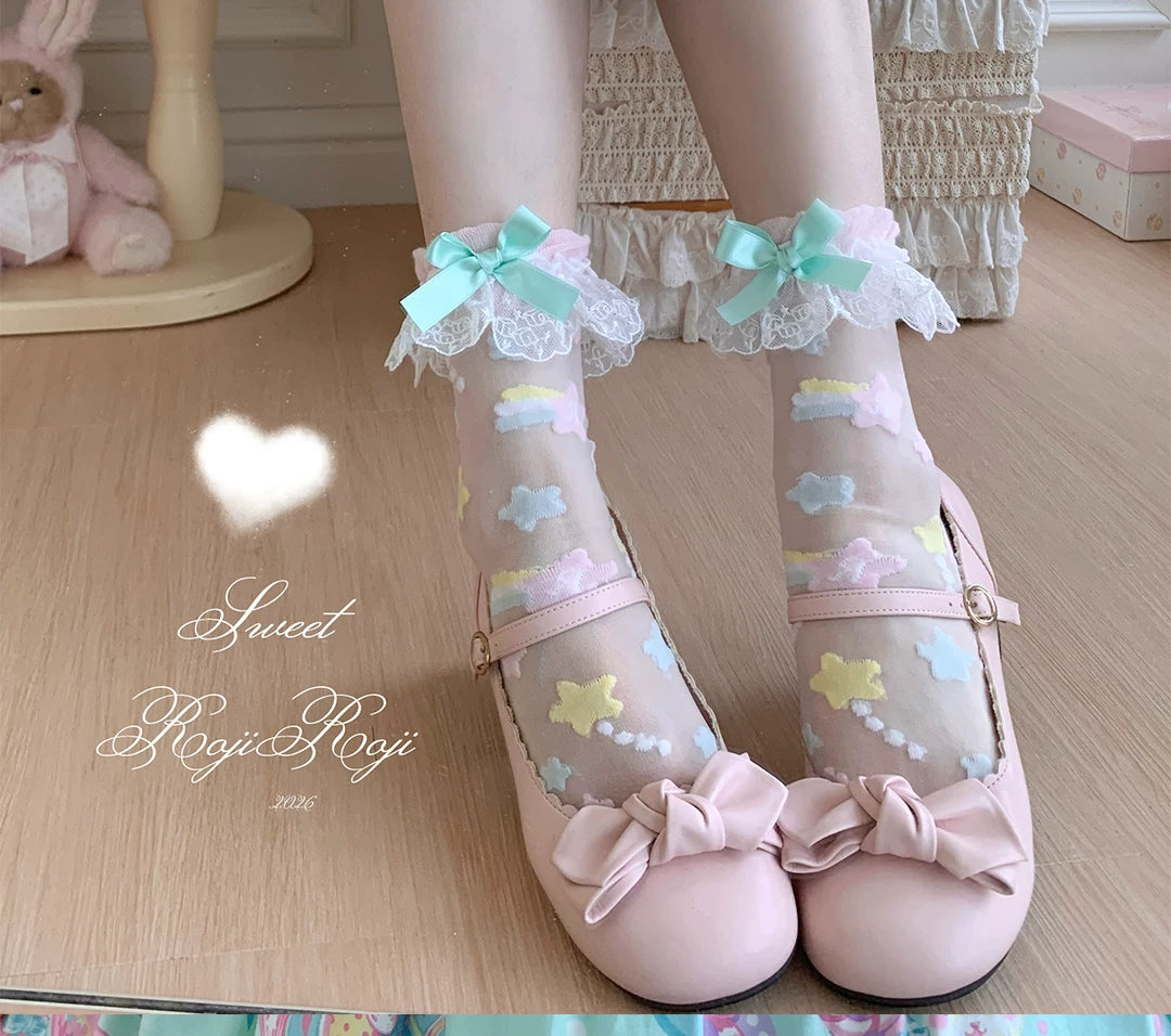 Sweet Lolita Star Embroidered Socks with Colorful Satin Bow 45610:855347