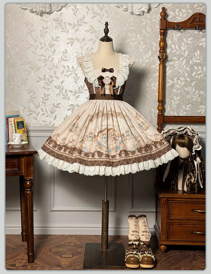 Alice Girl - Sea Salt Fairytale - Sweet Lolita JSK Doll-like Lolita Printed Dress Brown JSK only XS