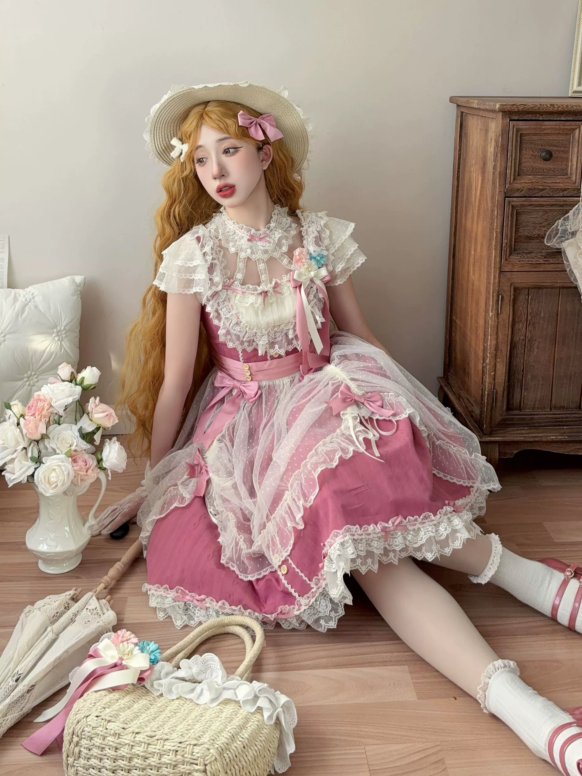 Fluttering Cherry Spring Strings - Cotton Sweet Lolita JSK Dress