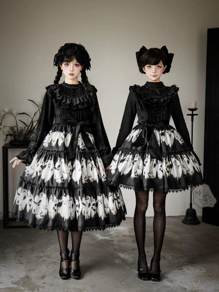 With PUJI - Dead Leaf Butterfly - Gothic Lolita JSK & OP Dress Set, Butterfly Print 44346:805413