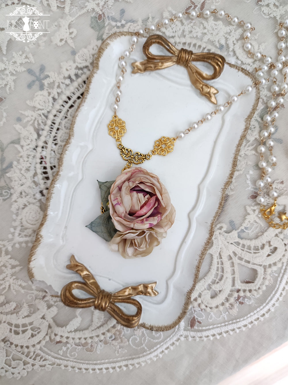 Miss Point - Lilyka Garden - Classic Lolita Headdress and Necklace Brooch Bow Trailing Long Necklace