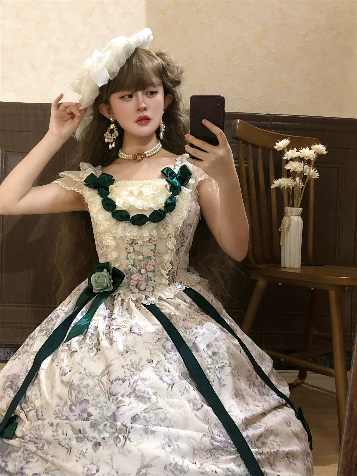 Dolota Flower Wall - Classic Lolita Floral OP Dress, Open Shoulder 44485:811197