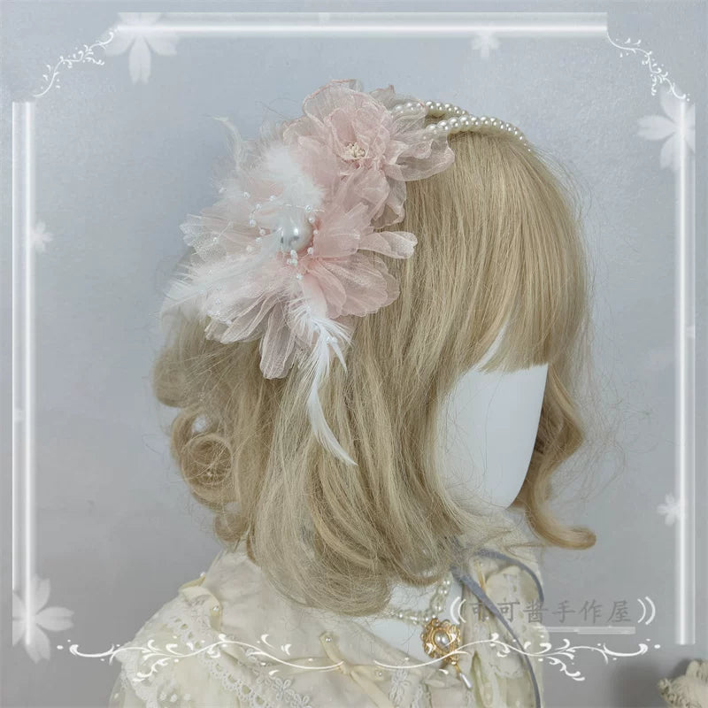 Floral Shaped Lolita KC, Pearls Accent Headdress One Size Light Pink - KC