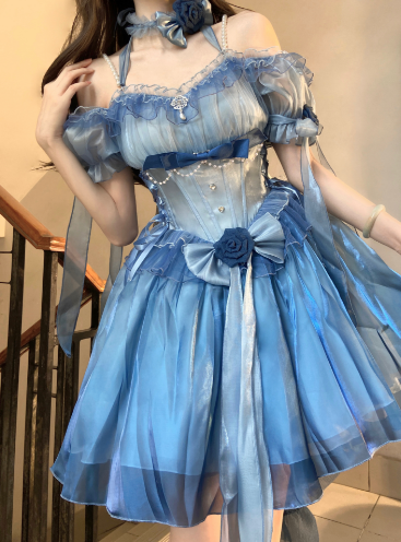 Meowing and fruity - Elegant Lolita Gradient Dark Blue Prom Dress Set