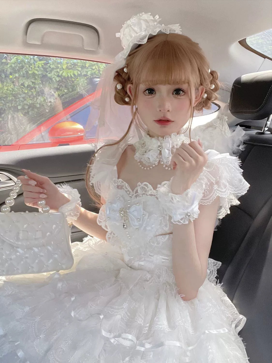 Hanguliang - Feather's Ballad - Wedding Lolita JSK Dress, Tiered Ruffles White Cuffs Only (one size / choose M) S