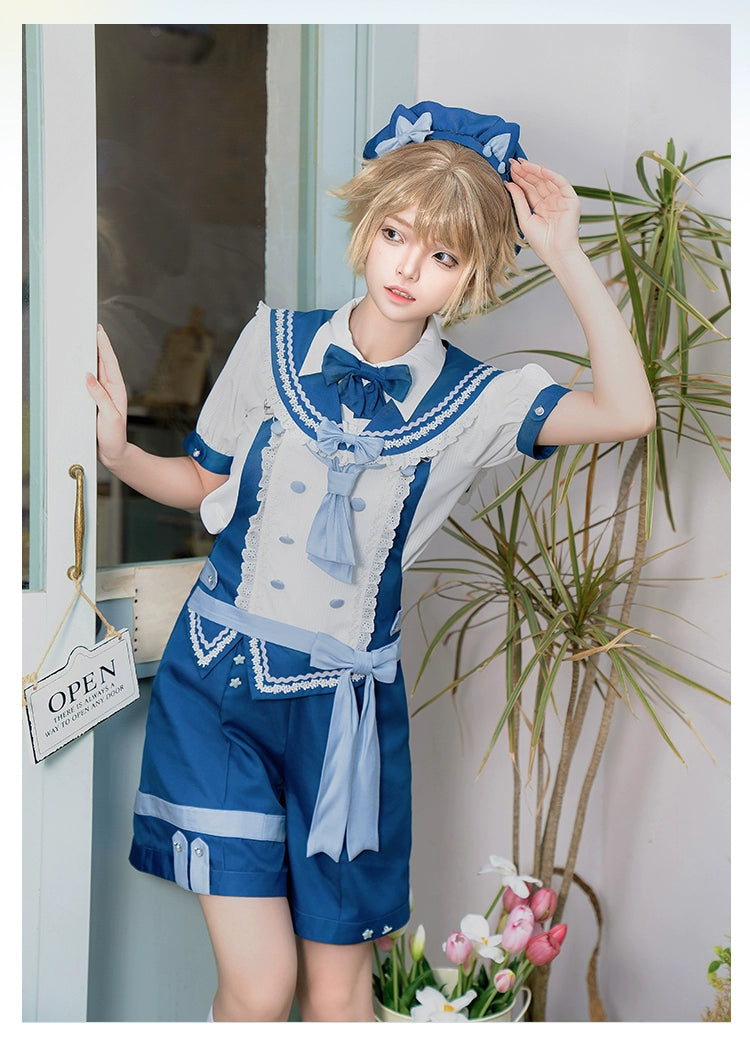 Forest Fluorescent Carps - Small Animal Team - Ouji Lolita Suit Male Lolita Shirt Shorts S Navy blue (overalls + false collar)