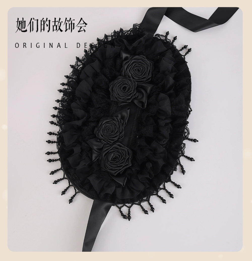 The Accessories' Story - Gothic Lolita Black Hat, Rose & Bead Tassels