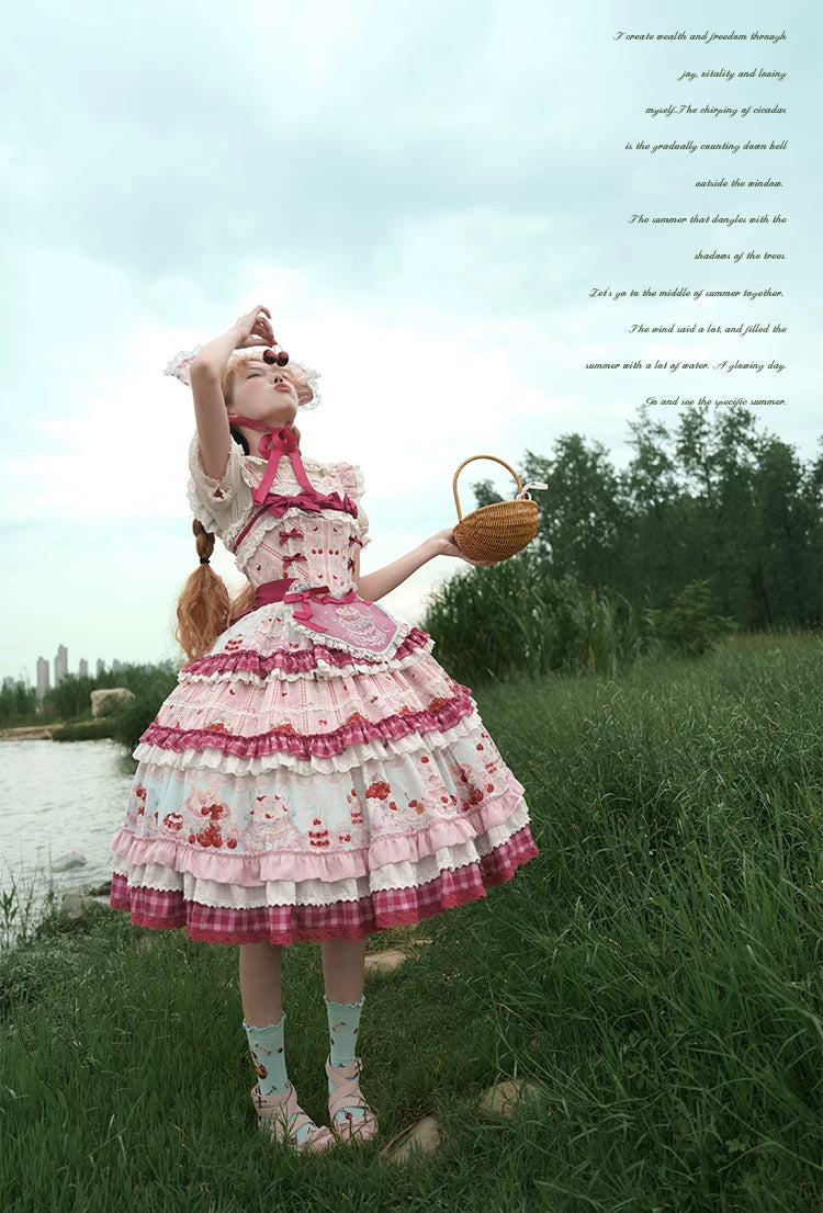 Cherry Cake - Printed Sweet Lolita JSK Dress, Embroidered Apron 44904:827161