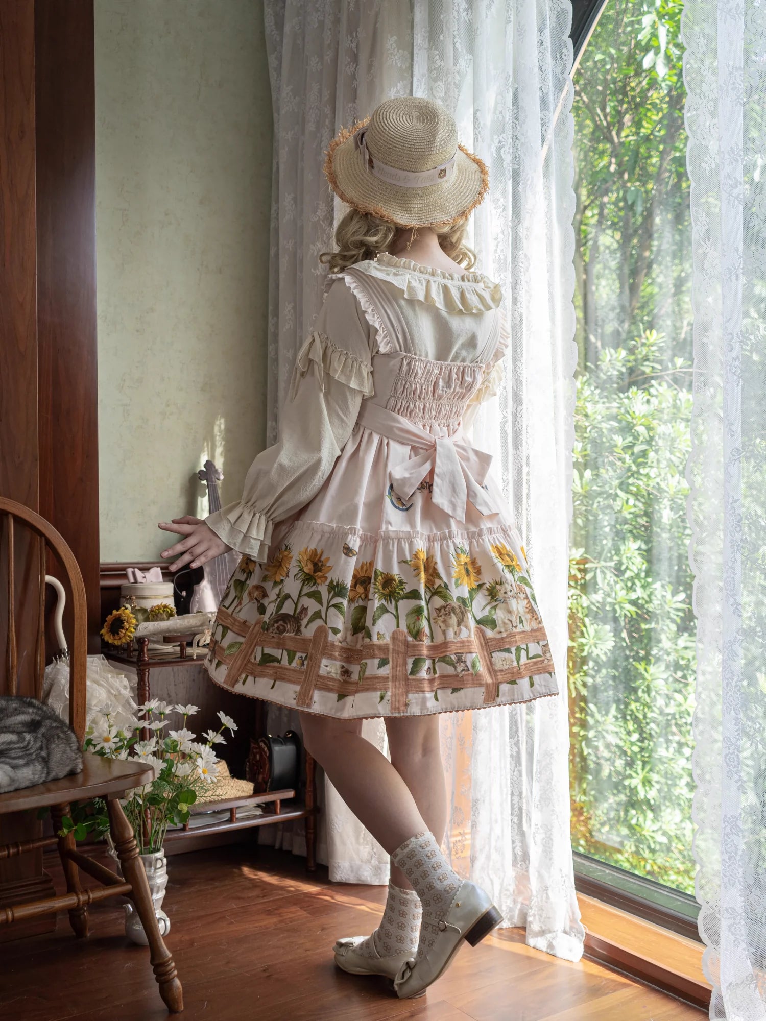 Polaris Lolita - Cat and Sunflower - Sweet Lolita JSK Cat and Sunflower Print Dress and Headdress Set
